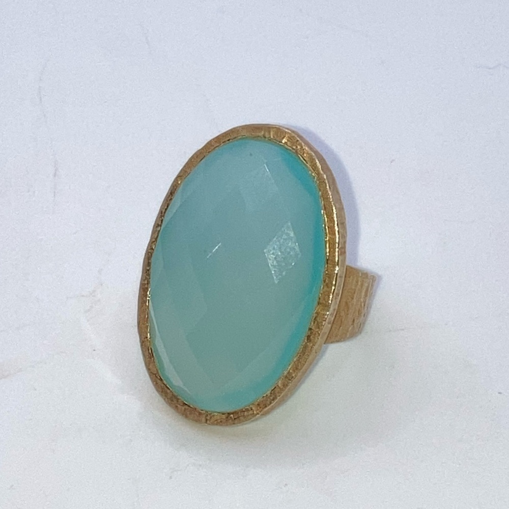 Vtg Sterling Gold Tone Oval Faceted Caribbean Blue Quartzite Ring Size 8.25